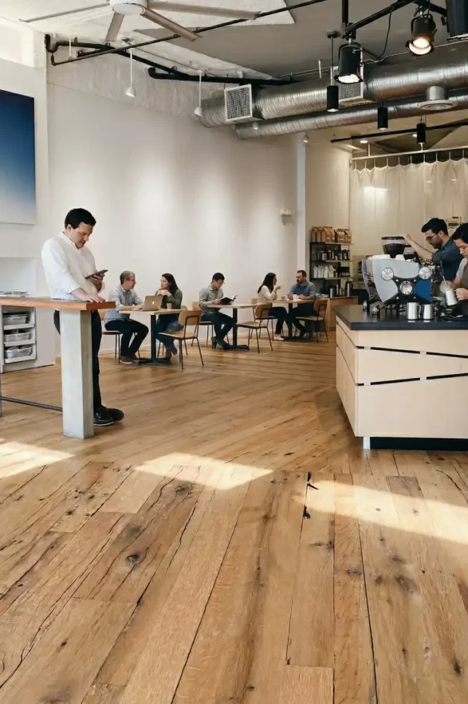 Reclaimed oak wide plank flooring with nail holes and stress cracks in a busy modern cafe.