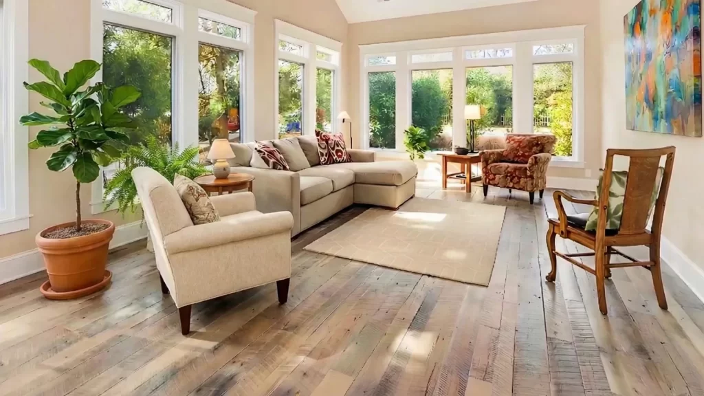 Antique barn board oak flooring in a sunlit organic modern living room with large windows.