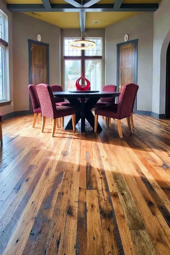 Reclaimed barn board oak flooring installed in a dining room with a round table and chairs.