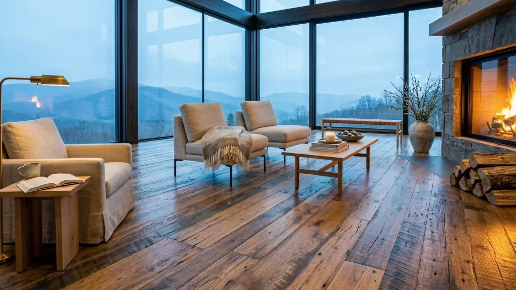 Reclaimed oak wide plank flooring in a luxury modern mountain living room with scenic window views.