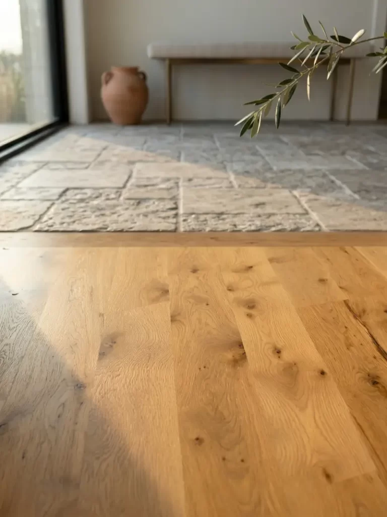 Close-up detail of Appalachian Woods white oak flooring, showcasing its organic knots, dynamic grain, and a seamless transition to a textured stone surface.