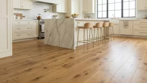 A perspective view of wide-plank Appalachian white oak flooring, showcasing the distinctive character that makes it a premium domestic alternative to French oak flooring