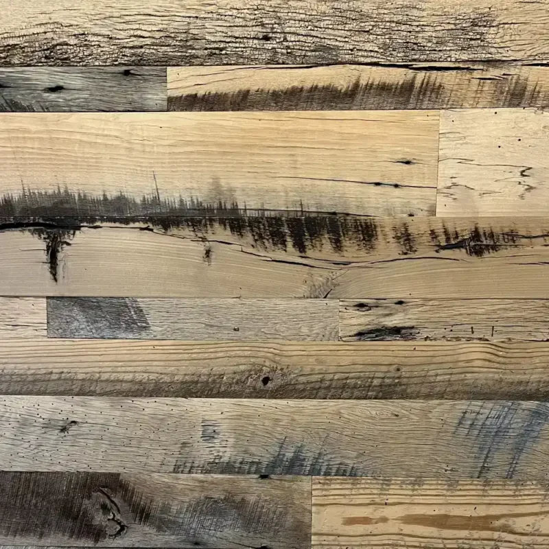 Reclaimed wood wall planks with skip planed faces.