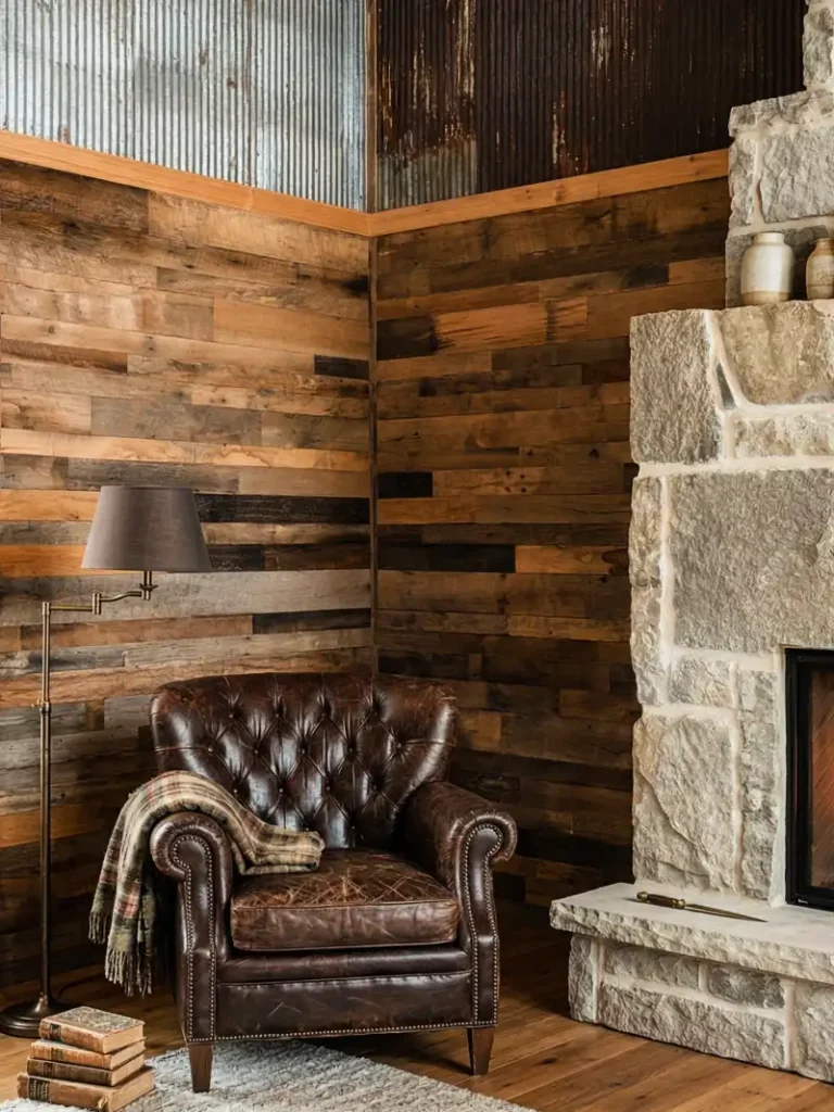 A cozy rustic interior featuring a stone fireplace and leather armchair set against walls of Brown Board reclaimed barn wood planks. Corrugated metal accents and a classic floor lamp complement the historic wood wall paneling.