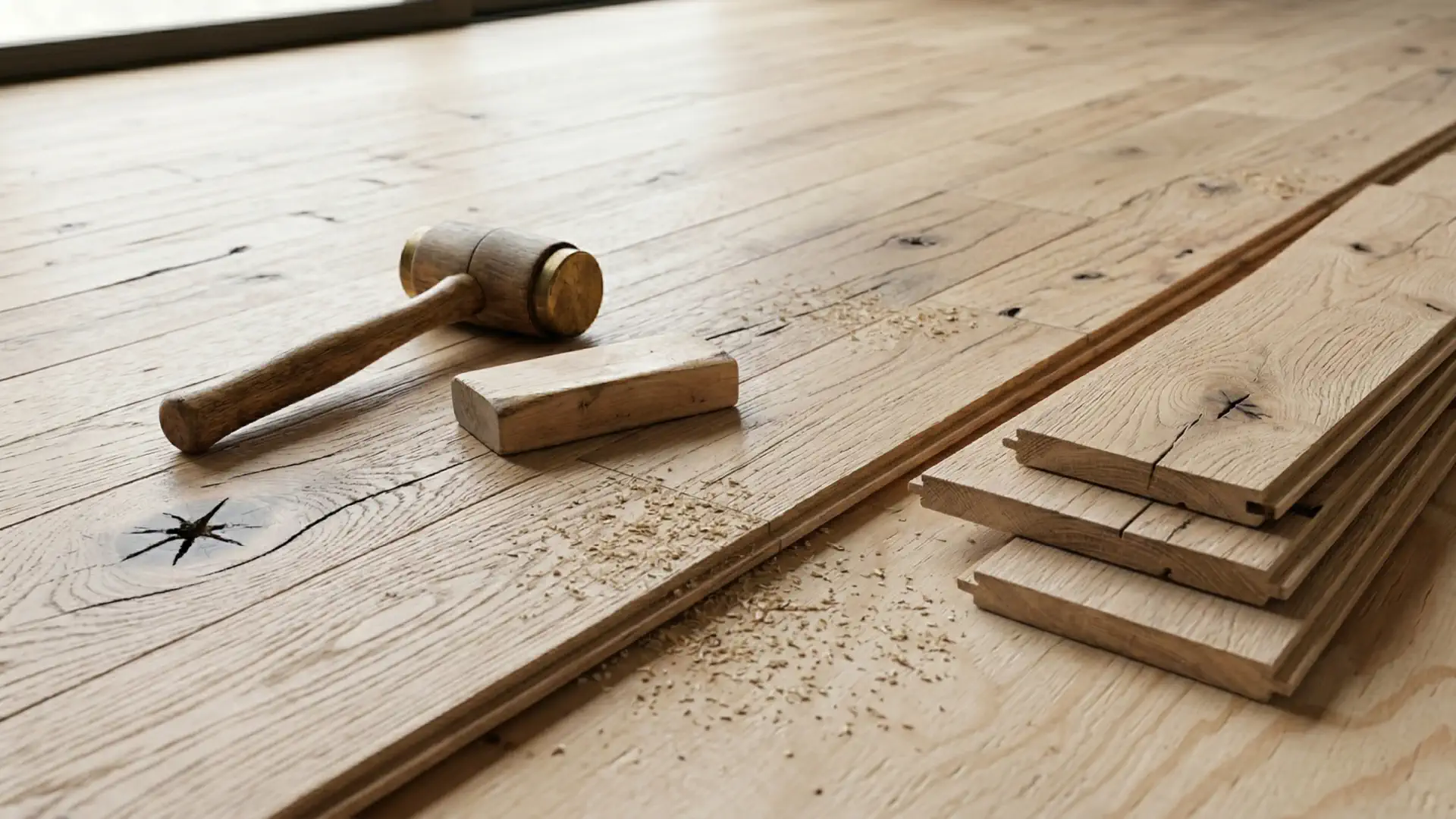 Authentic reclaimed wood flooring installation showcasing wide oak planks with historic nail holes and stress cracks.