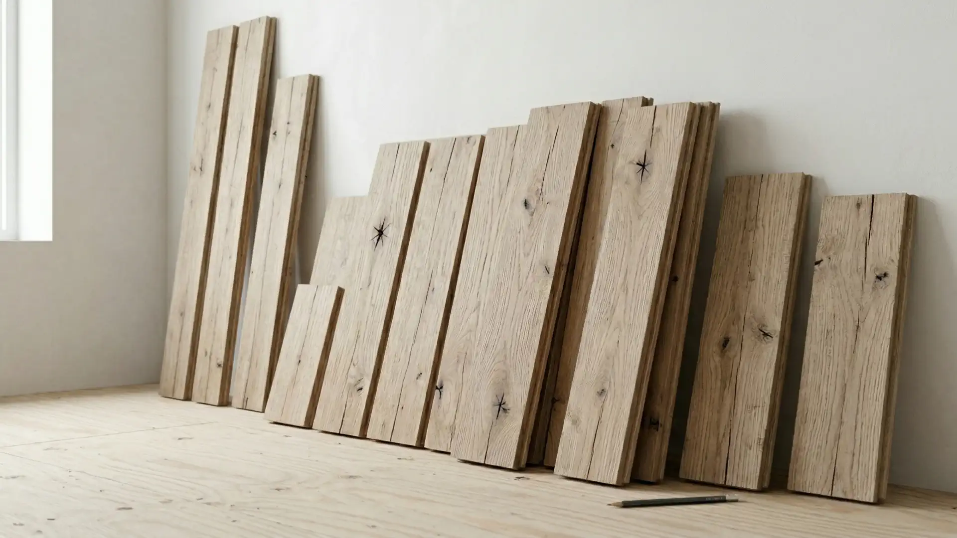 Antique oak flooring installation of wide plank flooring with nail holes and aging stress cracks