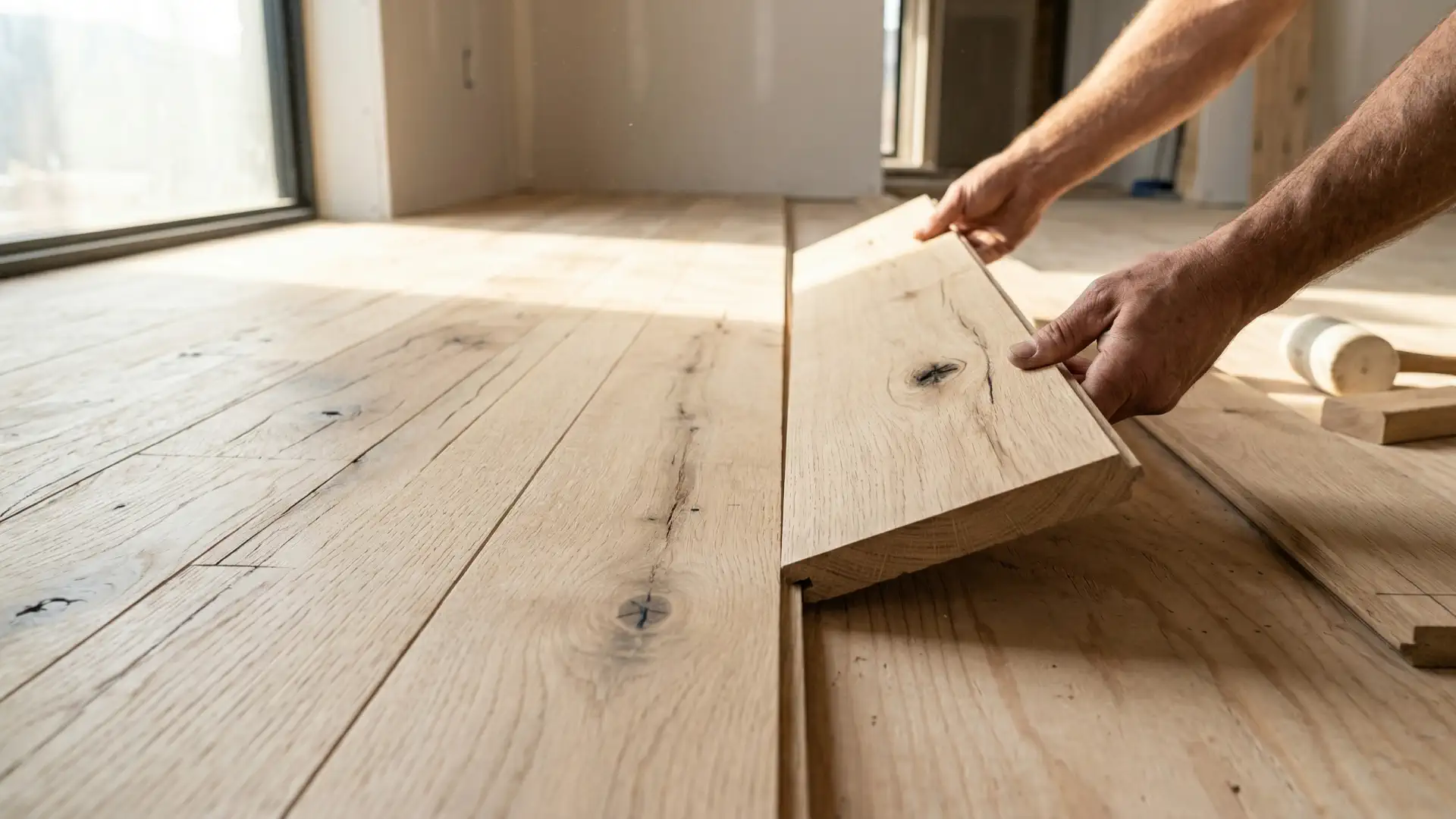 Reclaimed oak flooring installation of reclaimed oak wide plank flooring with nail holes and aging stress cracks.