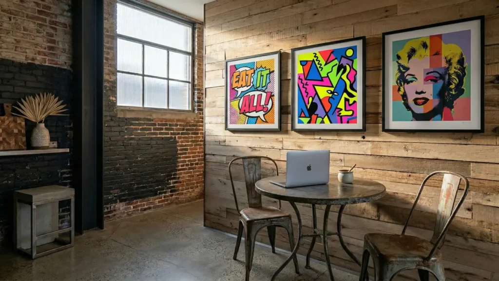 A creative office workspace pairing exposed brick with reclaimed oak wall planks. Sunlight streams across the textured wood cladding, highlighting two vibrant pop-art prints above a small meeting table.