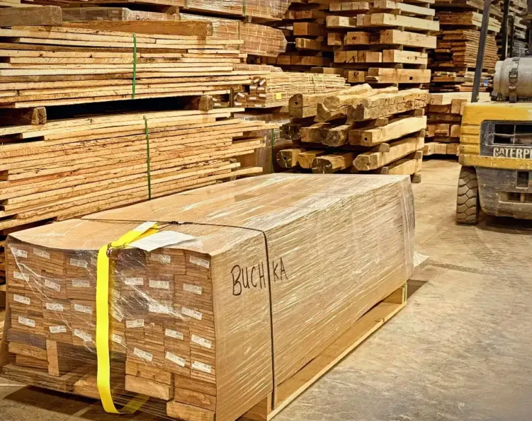 Ready for the Road: A massive custom shipment of professionally wrapped and banded reclaimed wide-plank flooring, prepared for nationwide delivery from our Staunton, VA mill