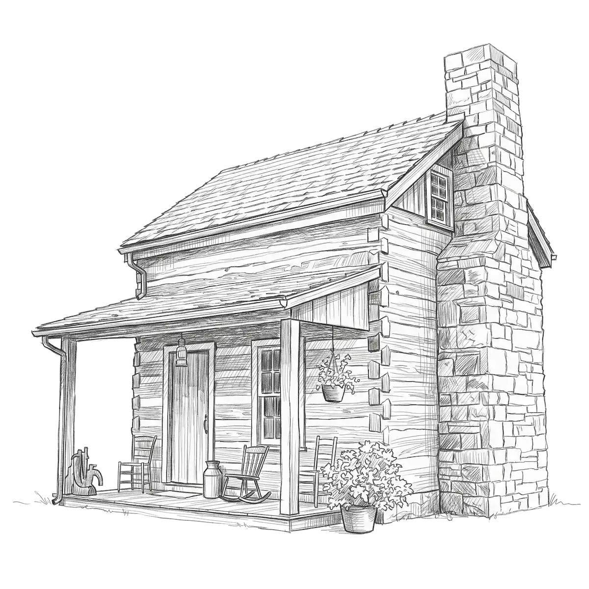 Sketch of a real antique hand hewn Oak log cabin in the Shenandoah Valley of Virginia.