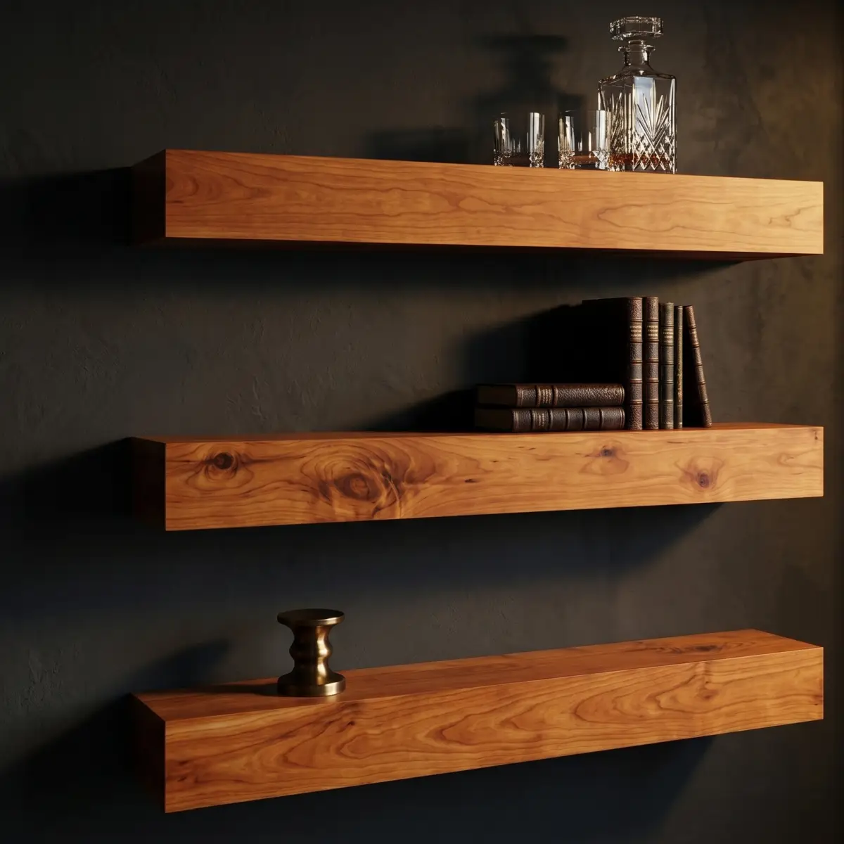 Three custom cherry floating shelves mounted on a dark accent wall holding glassware.