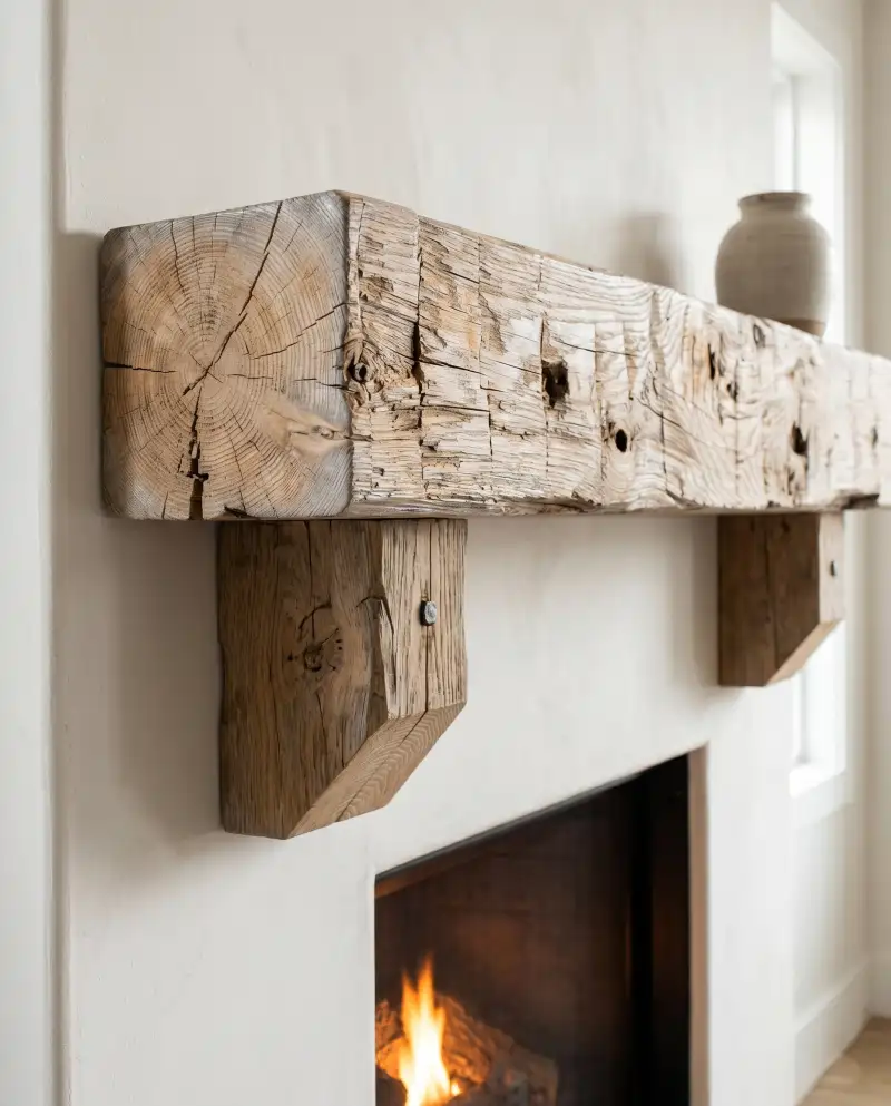 Authentic antique hand hewn reclaimed wood mantel in a minimalistic modern living room setting