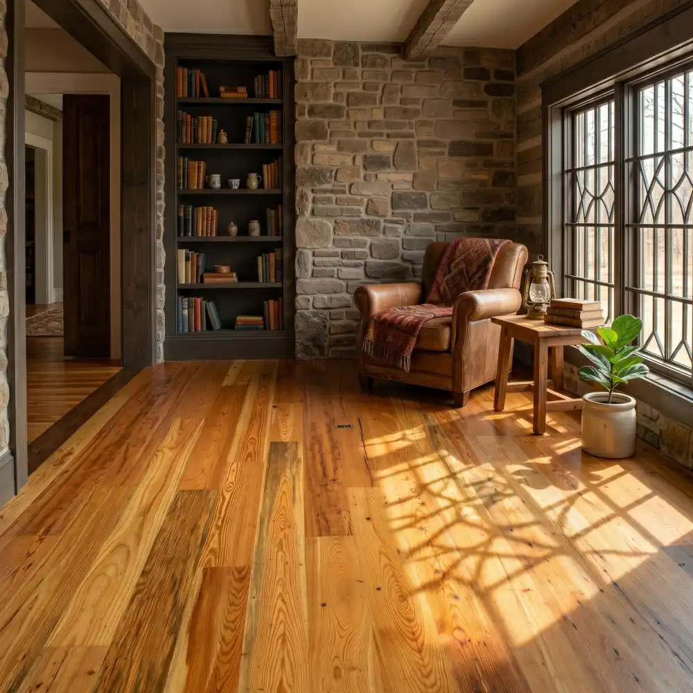 Our Rustic Cabin Heart Pine flooring in a cozy den.