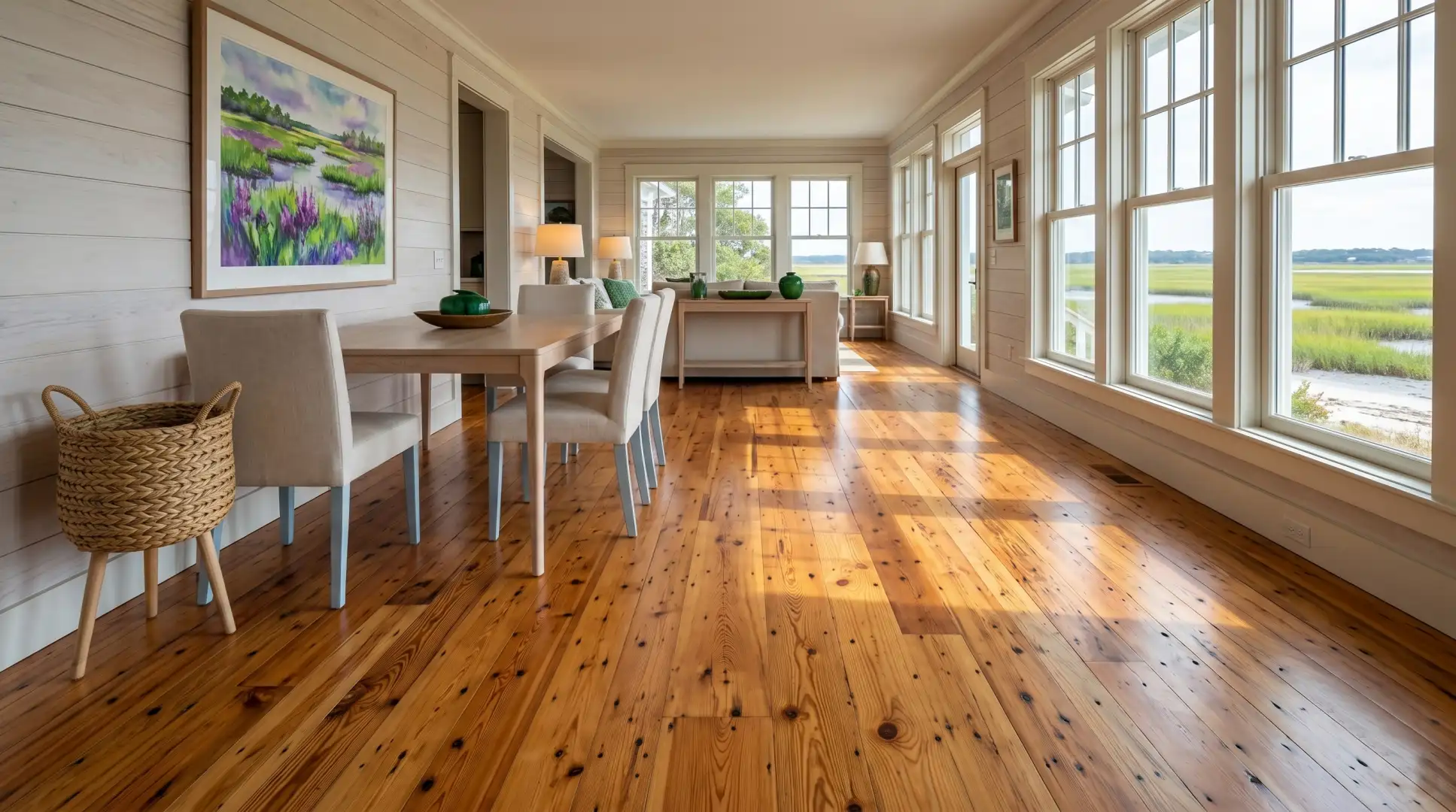 Character grade of naily Antique Heart Pine flooring in a country home.