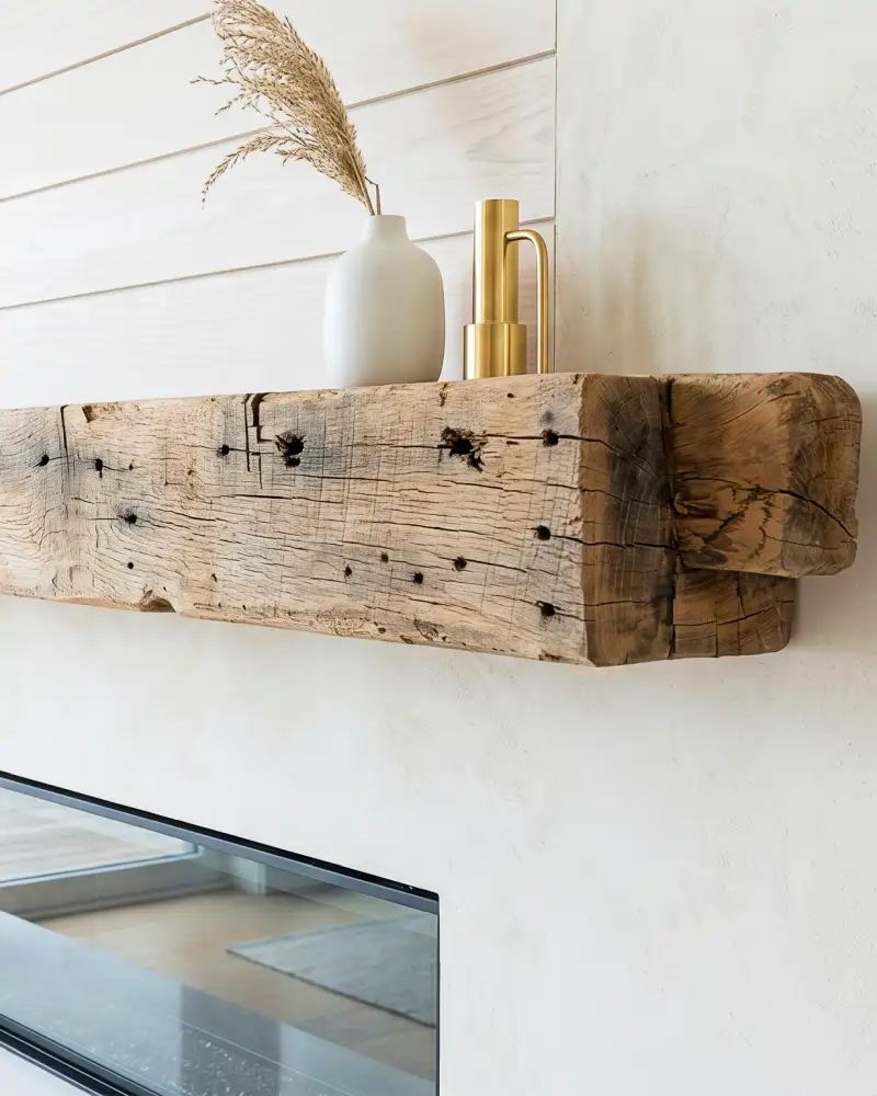 Thick reclaimed barn beam fireplace mantel with authentic nail holes, styled with modern decor on a light plaster wall.
