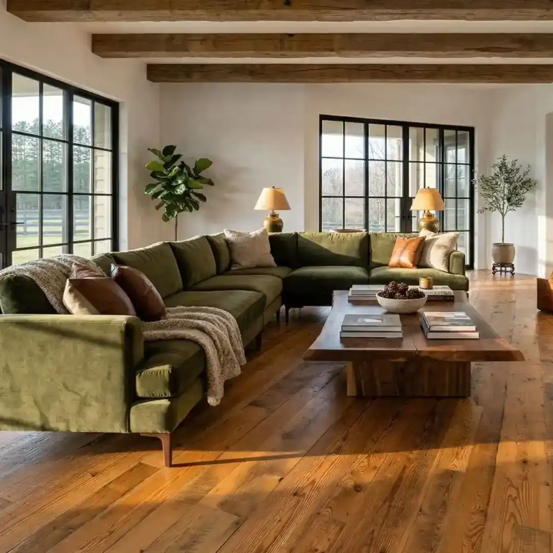 Our hit and miss planed Antique Barn Board Pine flooring in a living room.