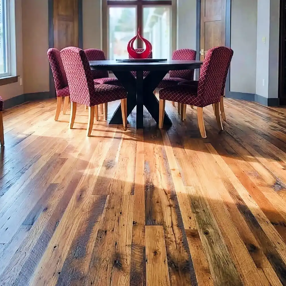 Our Antique Barn Board Oak flooring in a dining room setting.