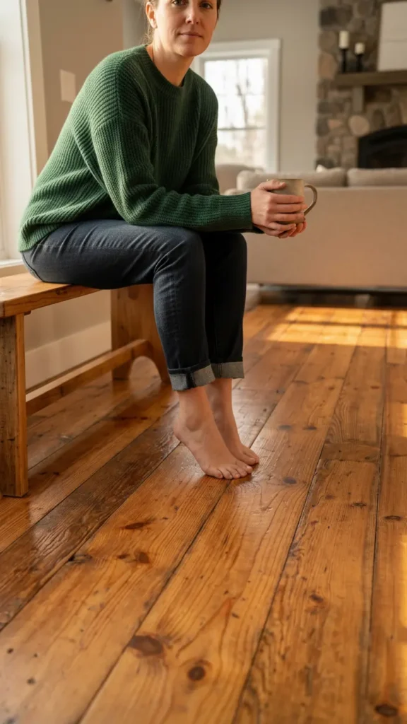 Authentic reclaimed Pine flooring shown with a woman holding a coffee cup on a sunny morning.