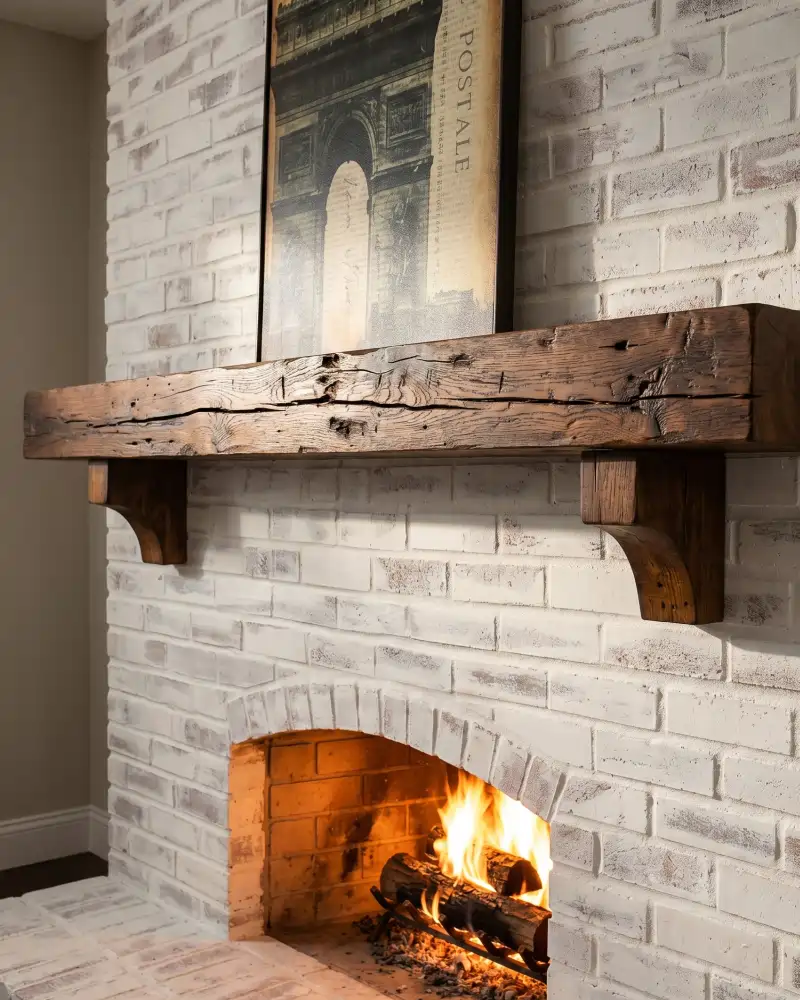 Reclaimed wood Chestnut fireplace mantel on a white brick fireplace showing stress cracks, worm holes, nail holes and natural rustic character.