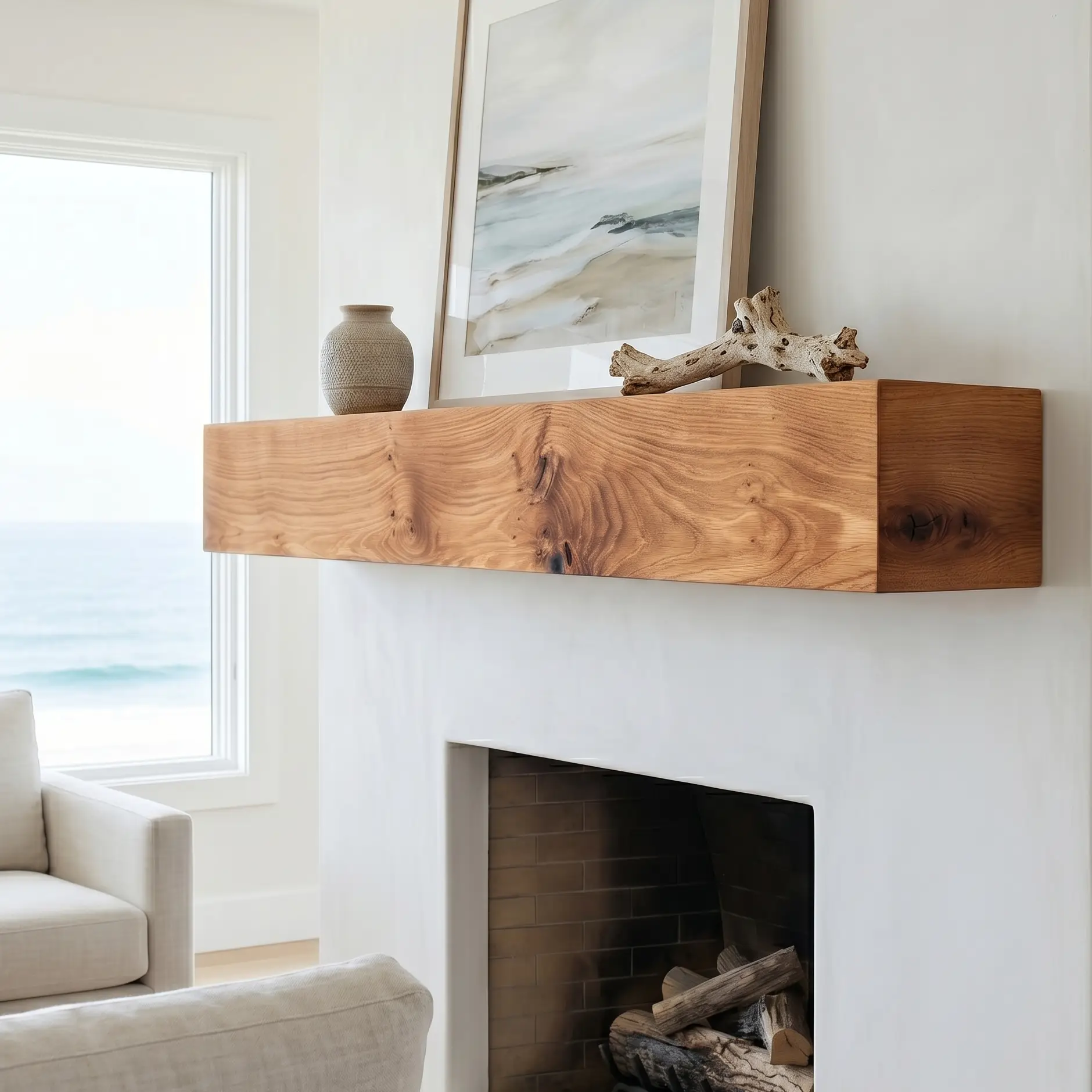 White oak mantel over a fireplace in a ocean side home. The decor in the house is a clean modern aesthetic.