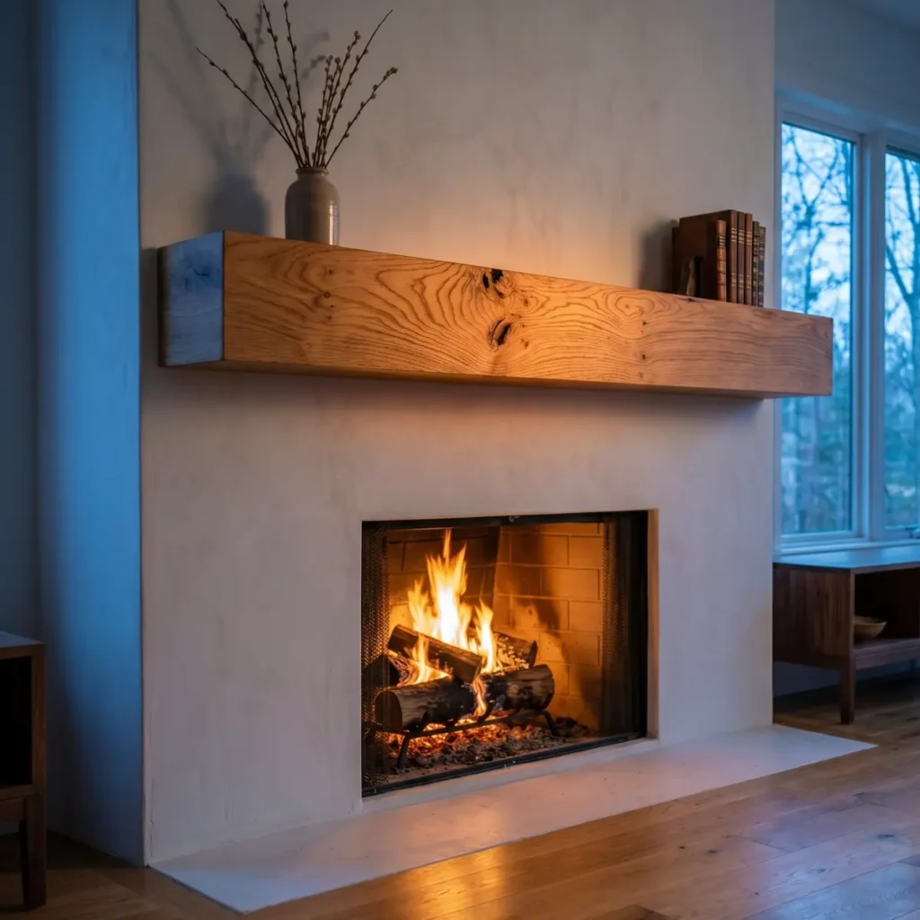 Thick white oak fireplace mantel mounted above a glowing fire on a modern white plaster hearth.