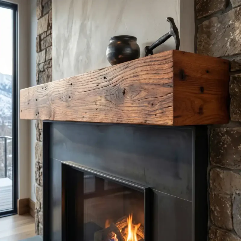 Reclaimed chestnut mantle in a cozy living room.