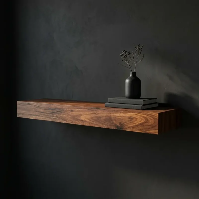 Custom walnut floating shelf on sold black wall with black books and vase on top.