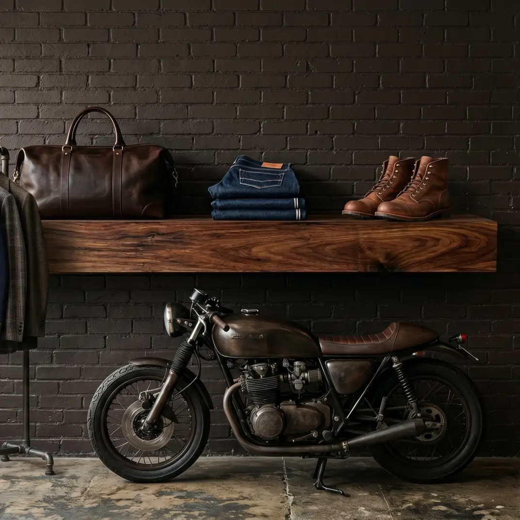 Custom walnut floating shelf used as a commercial retail display for menswear and leather goods, mounted on a dark brick wall above a vintage cafe racer motorcycle.