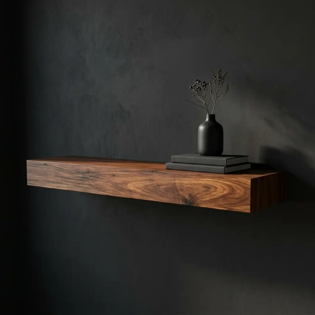 Custom walnut floating shelf on sold black wall with black books and vase on top.