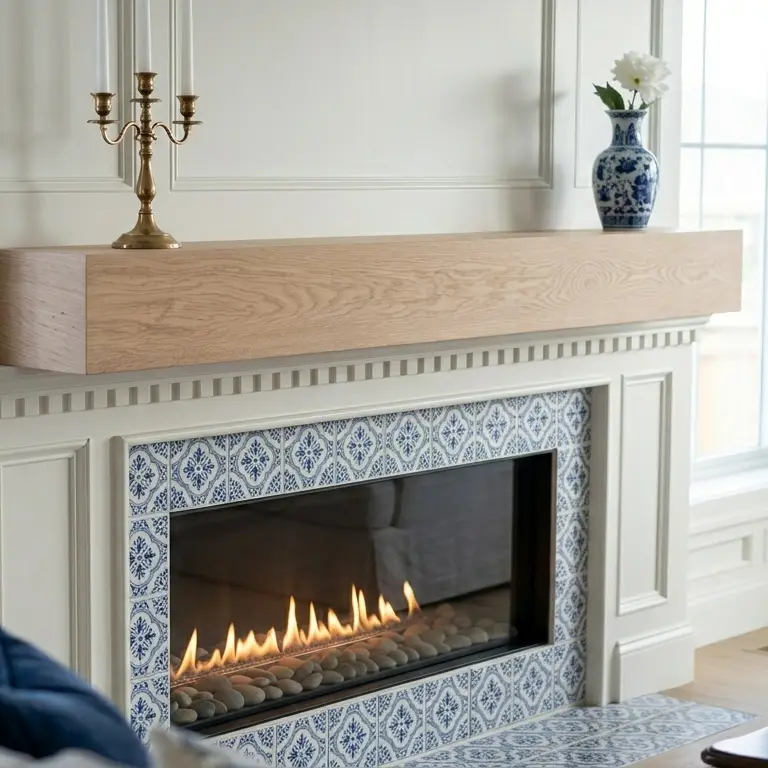 Custom white oak floating shelf with a natural finish, styled as a modern wood mantel above a blue tiled fireplace.