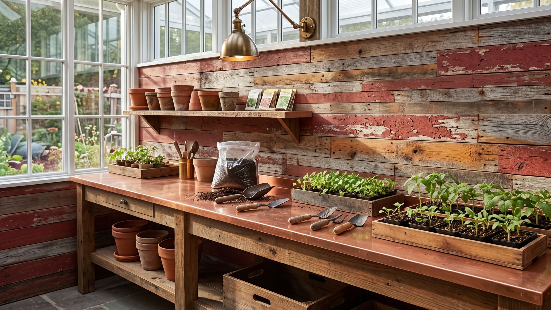 Faded red barn siding in a greenhouse