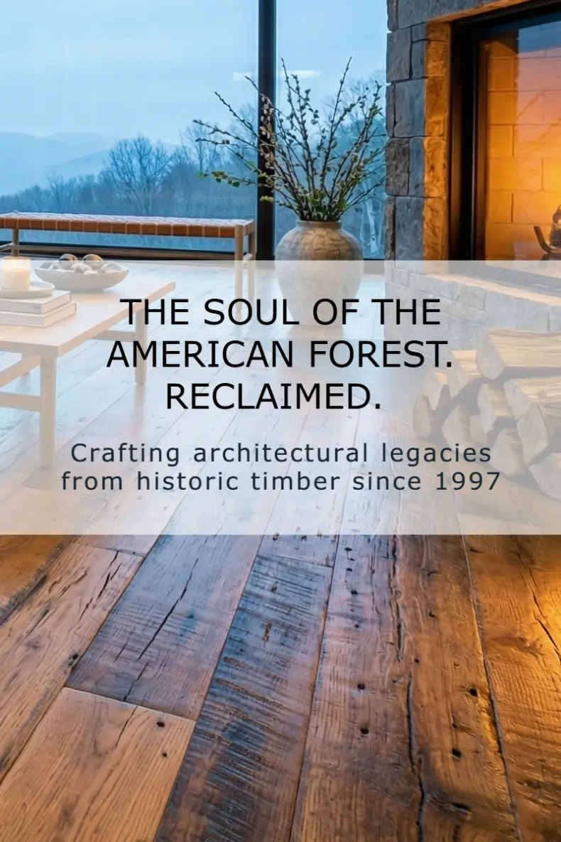 Home in the Blue Ridge mountains showing wide plank reclaimed oak flooring next to a fireplace