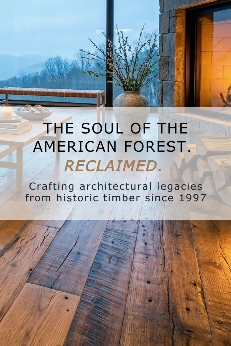 Home in the Blue Ridge mountains showing wide plank reclaimed oak flooring next to a fireplace