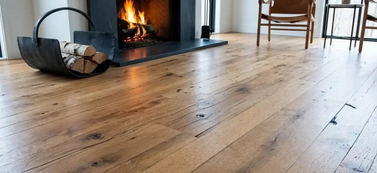 Reclaimed oak wide plank flooring featuring nail holes and stress cracks near a modern residential fireplace.