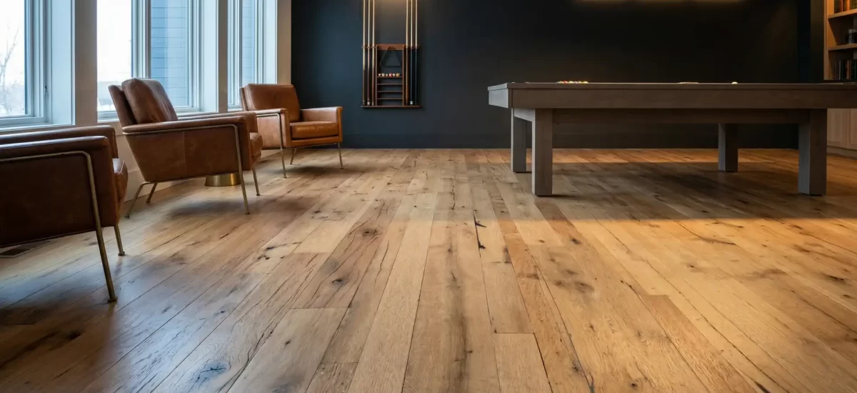 Reclaimed oak wide plank flooring with nail holes and stress cracks in a luxury billiard room with a pool table.