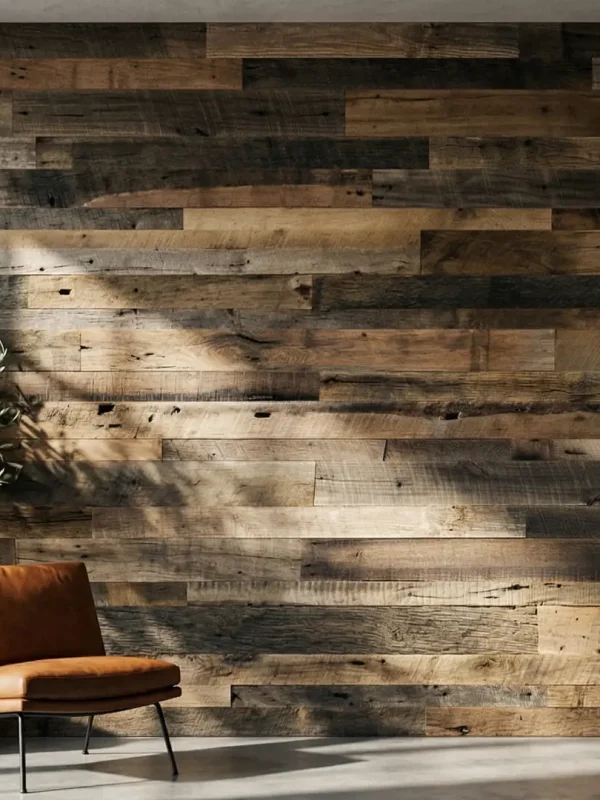 Modern industrial room featuring a large accent wall made of Brown Board reclaimed barnwood planks. Sunlight streaming through a window highlights the deep textures and rich earthen patina of the historic barn wood wall paneling.