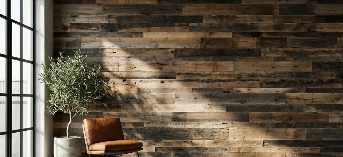 Modern industrial room featuring a large accent wall made of Brown Board reclaimed barnwood planks. Sunlight streaming through a window highlights the deep textures and rich earthen patina of the historic barn wood wall paneling.