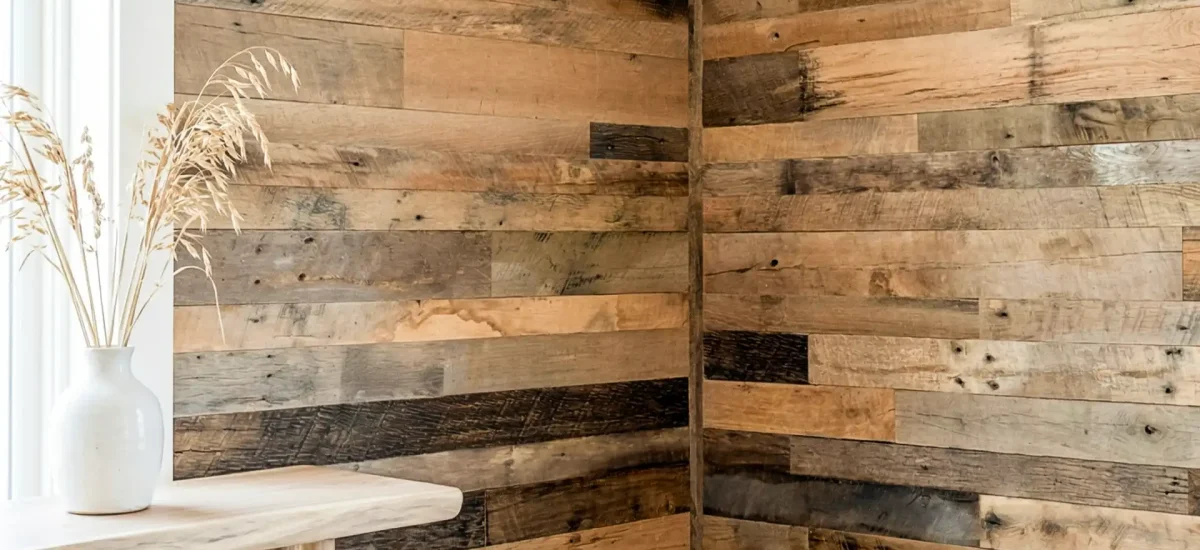 An interior room corner featuring authentic Brown Board reclaimed barnwood planks installed as a wrap-around feature wall. Natural light from a nearby window highlights the varied earthen patina and rustic texture of the historic barn wood wall boards.