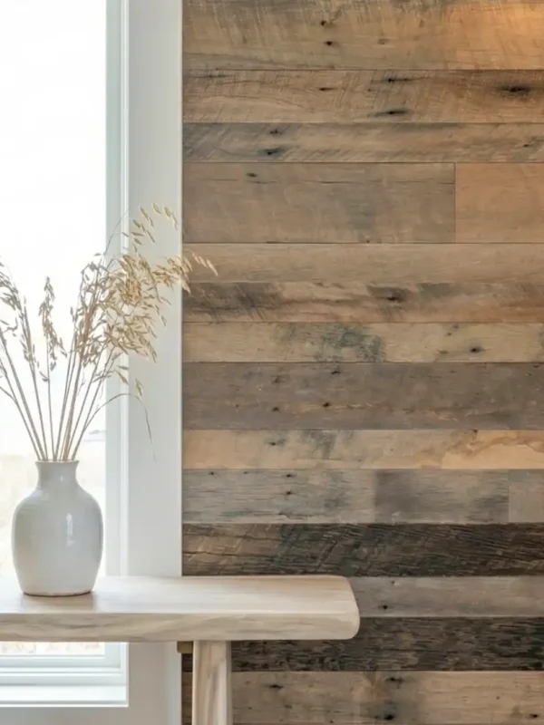 An interior feature wall showcase using Brown Board reclaimed barnwood planks installed next to a bright window. The natural light highlights the authentic earthen patina and varied rustic textures of the historic barn wood wall paneling.