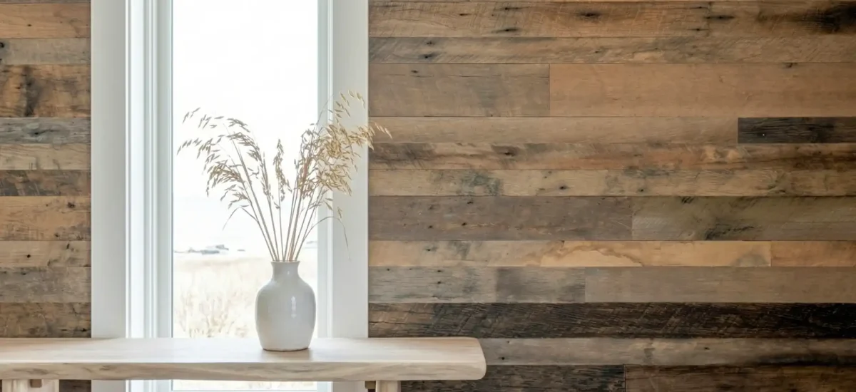 An interior feature wall showcase using Brown Board reclaimed barnwood planks installed next to a bright window. The natural light highlights the authentic earthen patina and varied rustic textures of the historic barn wood wall paneling.