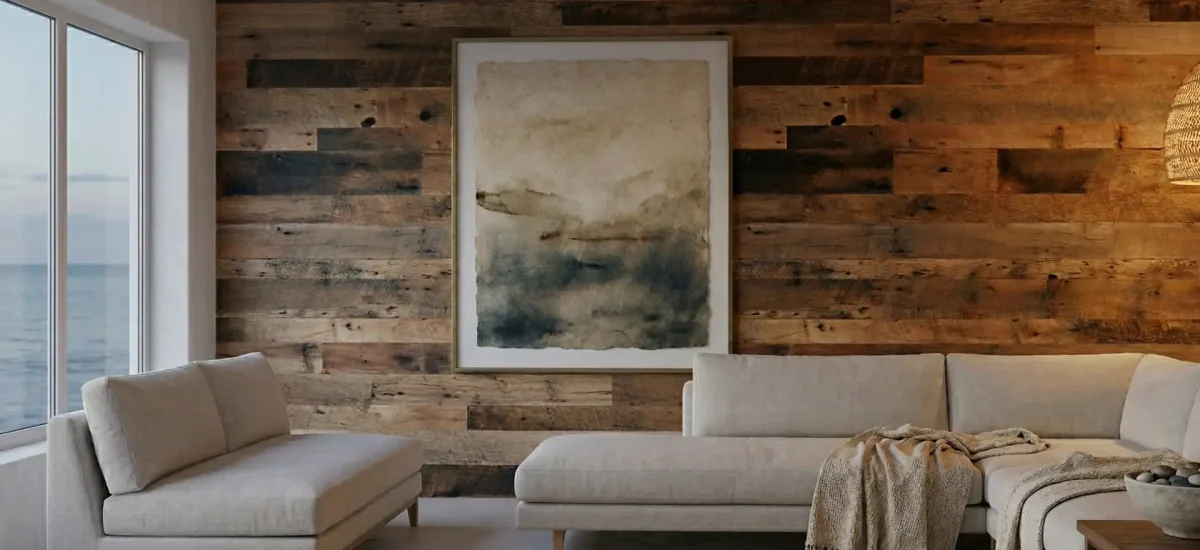 Modern living room interior showcasing a large architectural accent wall made of Brown Board reclaimed barnwood planks. The rustic texture of the weathered brown barn wood creates a striking focal point behind a neutral sectional sofa and framed artwork.