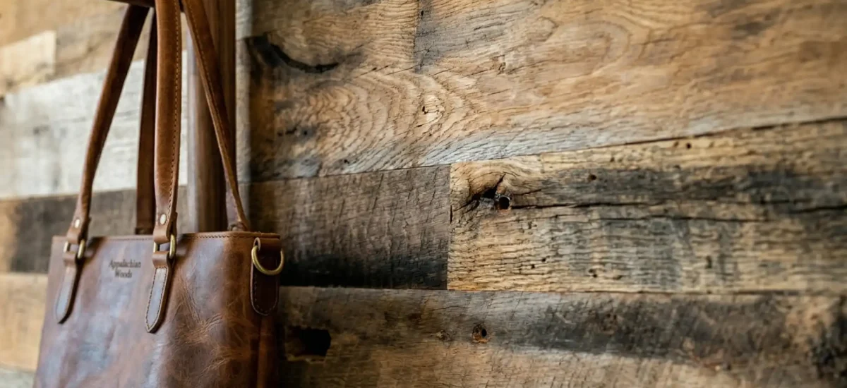 Close-up view of a brown leather tote bag hanging from a turned wooden peg, showcasing a detailed contrast against an accent wall of distressed, reclaimed barnwood planks. The warm lighting highlights the natural grain variations and original saw marks of the weathered brown barn wood paneling.