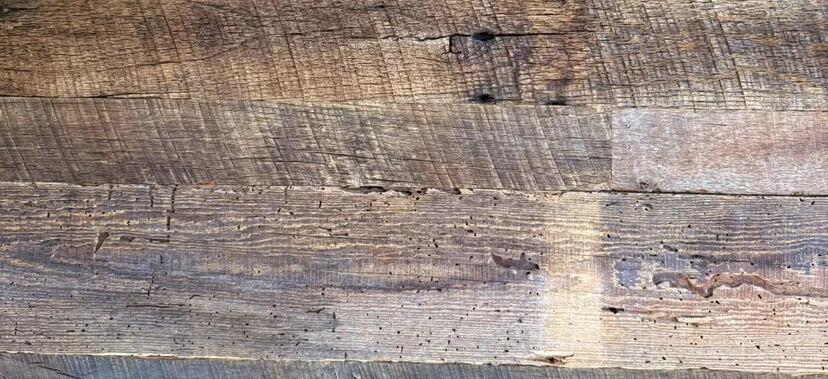 Detailed view of genuine antique barn wood wall boards showcasing original 19th-century milling marks, natural checking, and a deep, stable brown patina forged over a century of service.