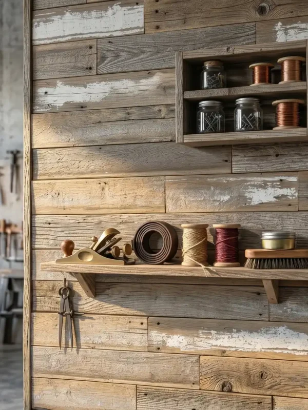 Reclaimed white barn siding on a wall.