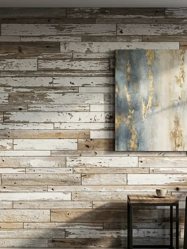 Reclaimed faded white barn siding on an interior wall.
