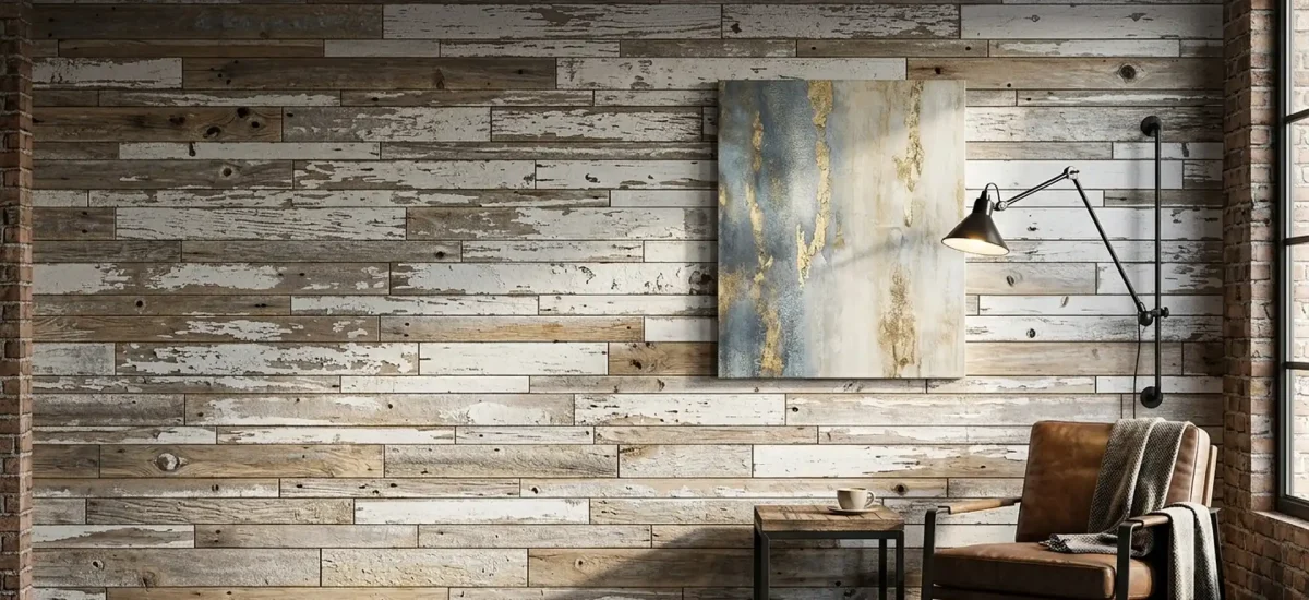 Reclaimed faded white barn siding on an interior wall.