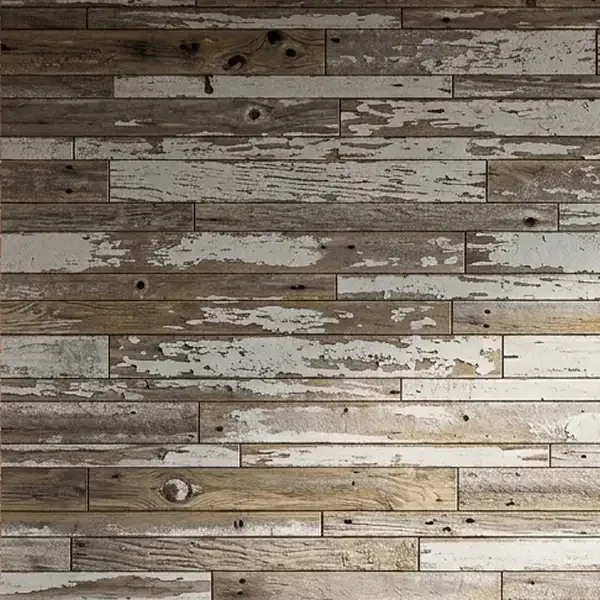 Faded white barn siding on an interior wall.