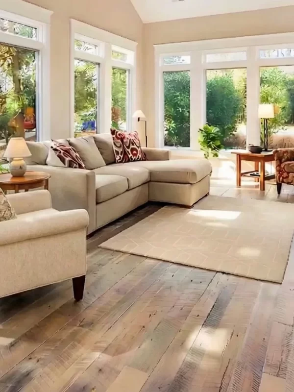 Antique barn board oak flooring in a sunlit organic modern living room with large windows.