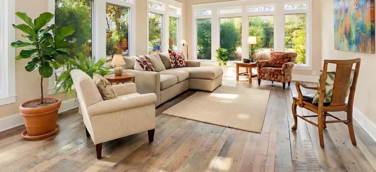 Antique barn board oak flooring in a sunlit organic modern living room with large windows.