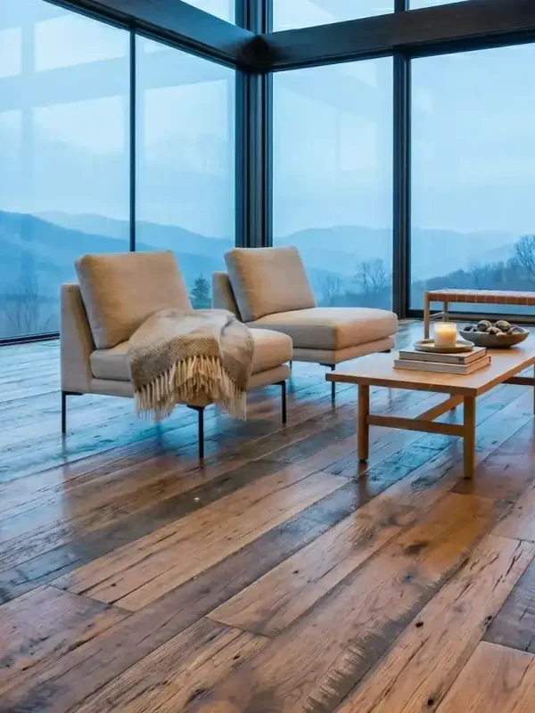 Reclaimed oak wide plank flooring in a luxury modern mountain living room with scenic window views.